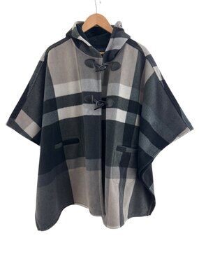 Rachel Roy Hooded Plaid Fleece Cape Poncho Coat Wrap OS Pockets Shawl Cozy Warm